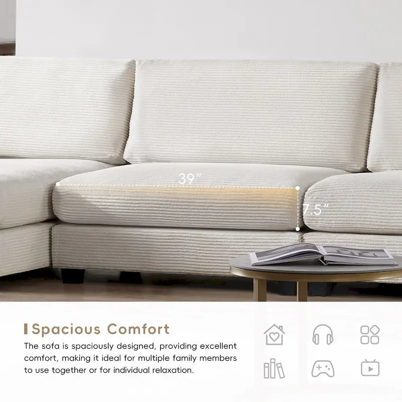 Großes L-förmiges Cloud Sofa in beigem Cord – Tiefes Schlafsofa mit USB, Getränkehalter
