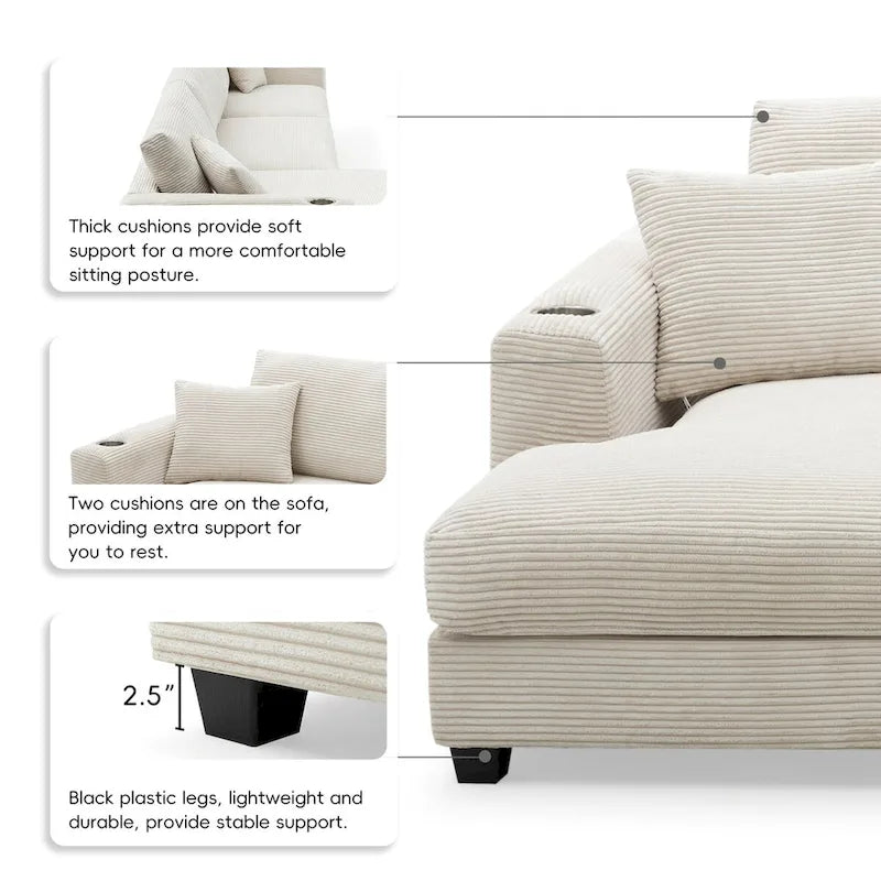 Großes L-förmiges Cloud Sofa in beigem Cord – Tiefes Schlafsofa mit USB, Getränkehalter