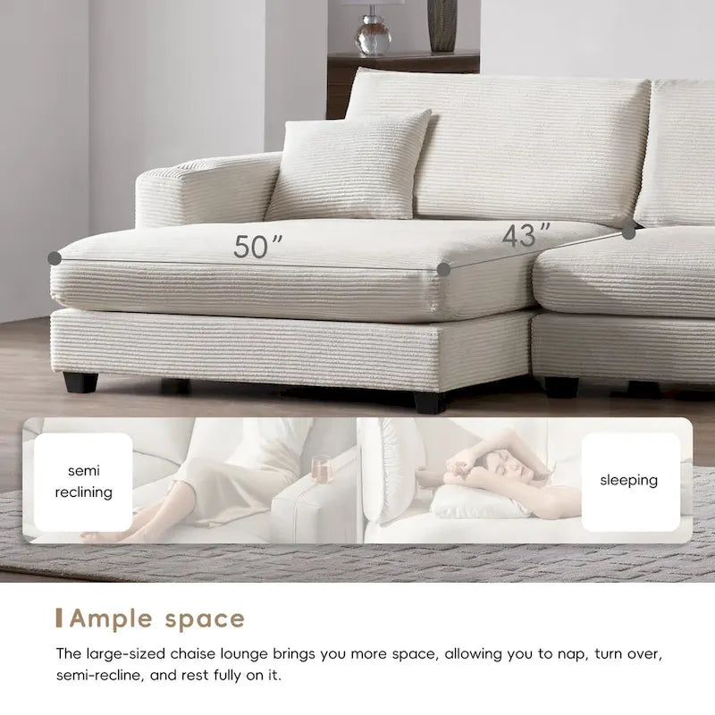 Großes L-förmiges Cloud Sofa in beigem Cord – Tiefes Schlafsofa mit USB, Getränkehalter