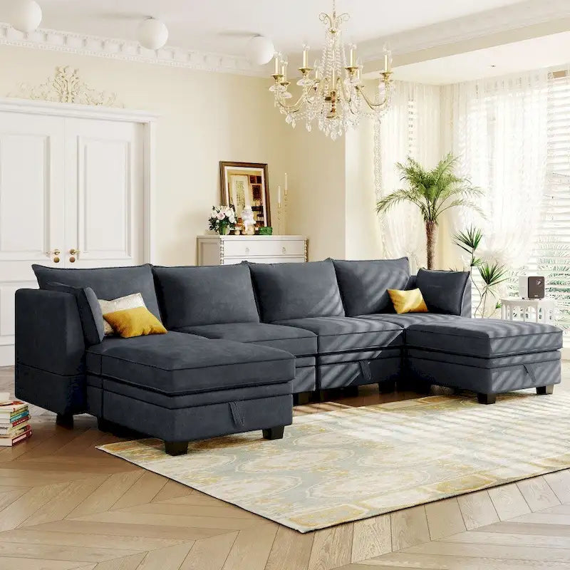 Modernes großes U-förmiges modulares Ecksofa, umwandelbares Schlafsofa mit beidseitig montierbarer Récamiere für das Wohnzimmer, Stauraumsitz