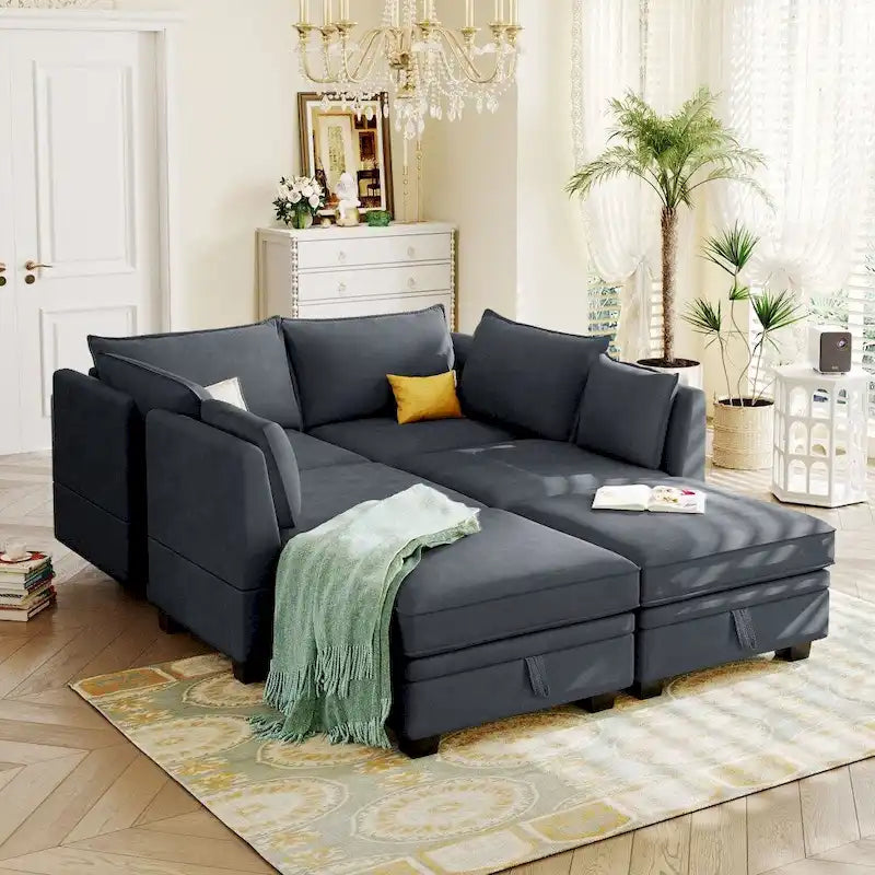 Modernes großes U-förmiges modulares Ecksofa, umwandelbares Schlafsofa mit beidseitig montierbarer Récamiere für das Wohnzimmer, Stauraumsitz