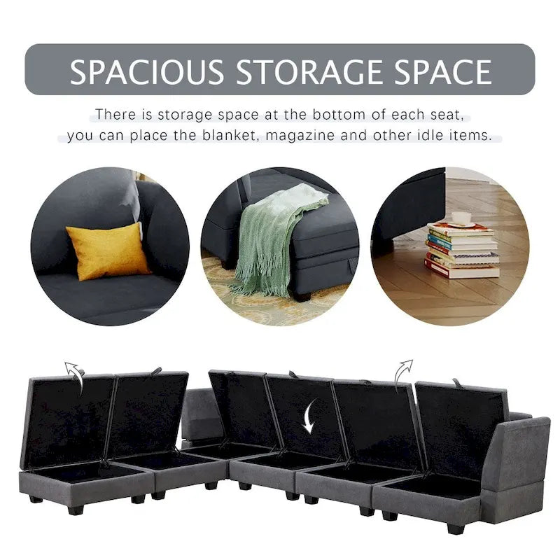 Modernes großes U-förmiges modulares Ecksofa, umwandelbares Schlafsofa mit beidseitig montierbarer Récamiere für das Wohnzimmer, Stauraumsitz