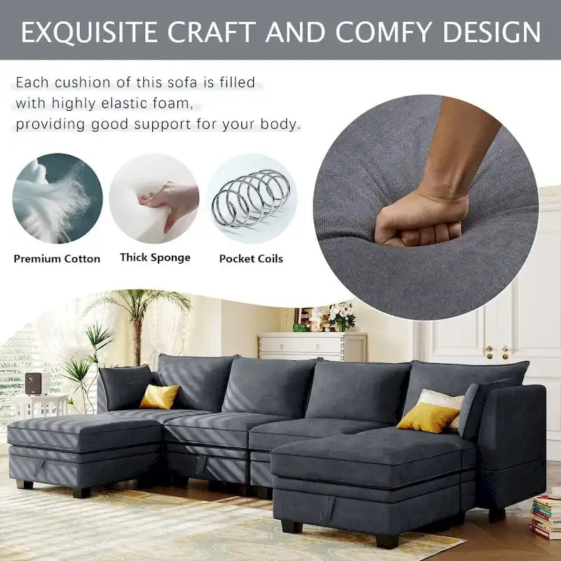 Modernes großes U-förmiges modulares Ecksofa, umwandelbares Schlafsofa mit beidseitig montierbarer Récamiere für das Wohnzimmer, Stauraumsitz