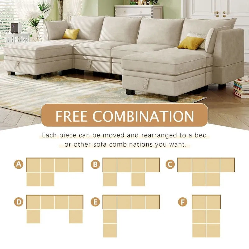 Modernes großes U-förmiges modulares Ecksofa, umwandelbares Schlafsofa mit beidseitig montierbarer Récamiere für das Wohnzimmer, Stauraumsitz
