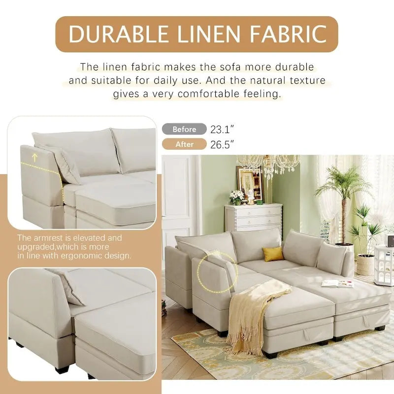Modernes großes U-förmiges modulares Ecksofa, umwandelbares Schlafsofa mit beidseitig montierbarer Récamiere für das Wohnzimmer, Stauraumsitz