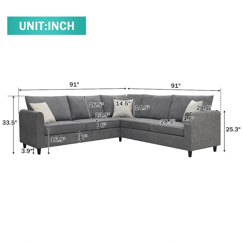 Modernes 3-teiliges Ecksofa, L-förmige Polstercouch mit 3 Kissen