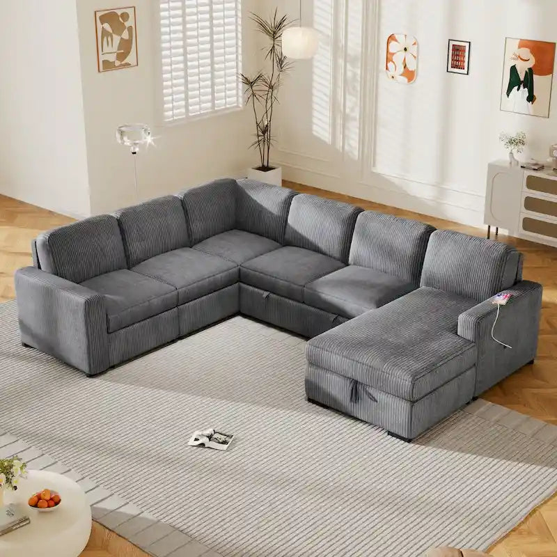 U-förmige Kombination aus 6-Sitzer-Ecksofa mit Stauschlafsessel und USB-Anschlüssen