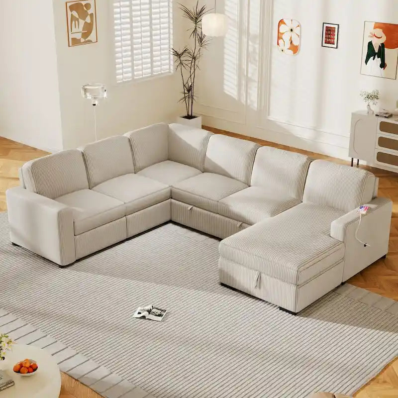 U-förmige Kombination aus 6-Sitzer-Ecksofa mit Stauschlafsessel und USB-Anschlüssen