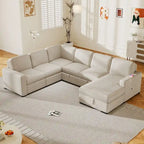 U-förmige Kombination aus 6-Sitzer-Ecksofa mit Stauschlafsessel und USB-Anschlüssen