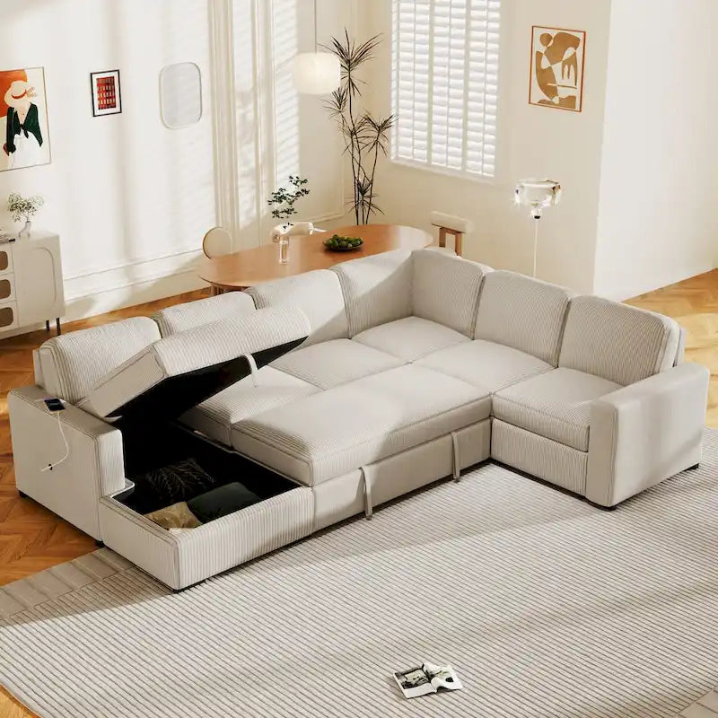 U-förmige Kombination aus 6-Sitzer-Ecksofa mit Stauschlafsessel und USB-Anschlüssen