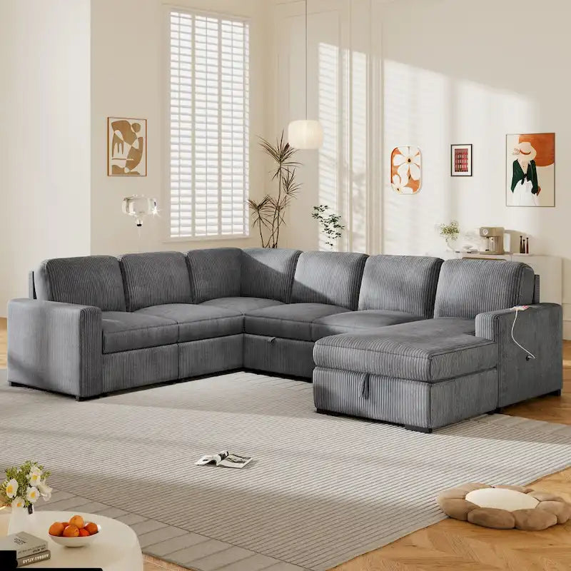 U-förmige Kombination aus 6-Sitzer-Ecksofa mit Stauschlafsessel und USB-Anschlüssen