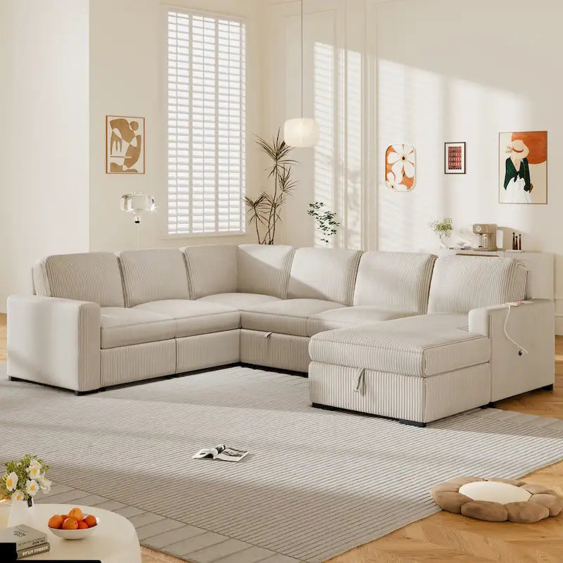 U-förmige Kombination aus 6-Sitzer-Ecksofa mit Stauschlafsessel und USB-Anschlüssen