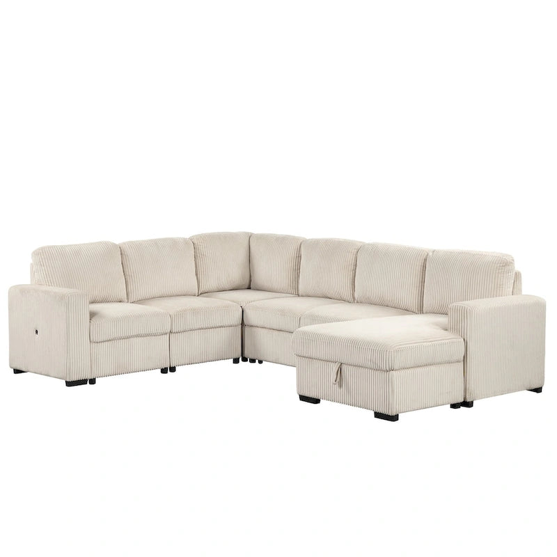 U-förmige Kombination aus 6-Sitzer-Ecksofa mit Stauschlafsessel und USB-Anschlüssen