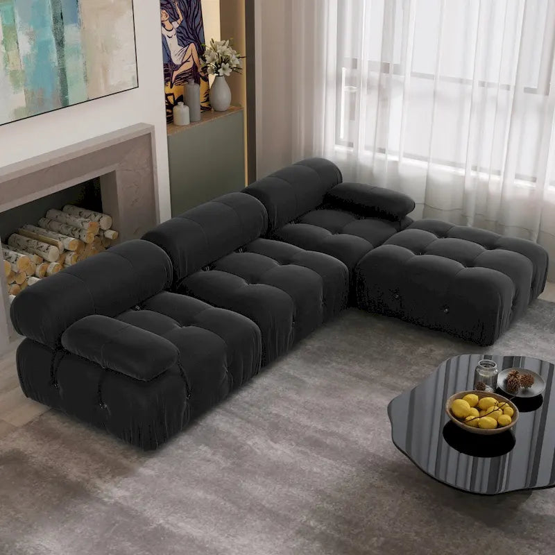 104 L-förmiges Ecksofa, minimalistisches Samtsofa mit umkehrbarer Recamiere und Ottomane