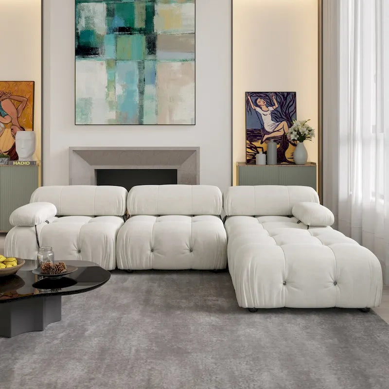 104 L-förmiges Ecksofa, minimalistisches Samtsofa mit umkehrbarer Recamiere und Ottomane