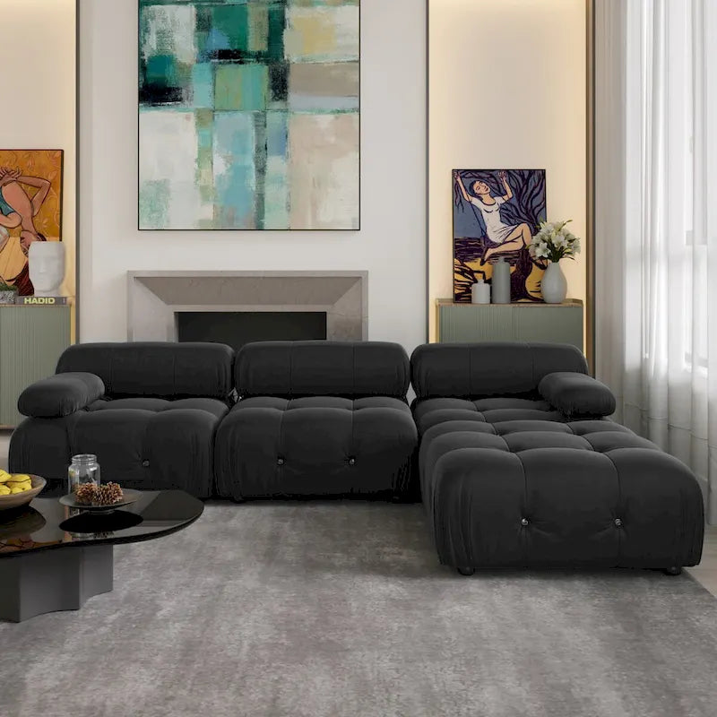 104 L-förmiges Ecksofa, minimalistisches Samtsofa mit umkehrbarer Recamiere und Ottomane