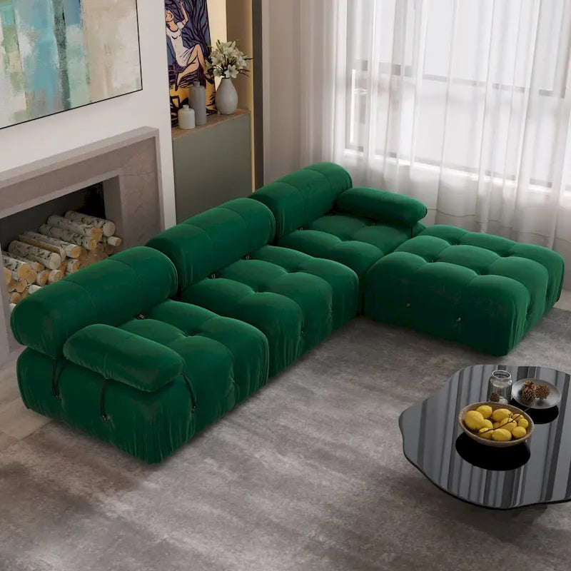104 L-förmiges Ecksofa, minimalistisches Samtsofa mit umkehrbarer Recamiere und Ottomane