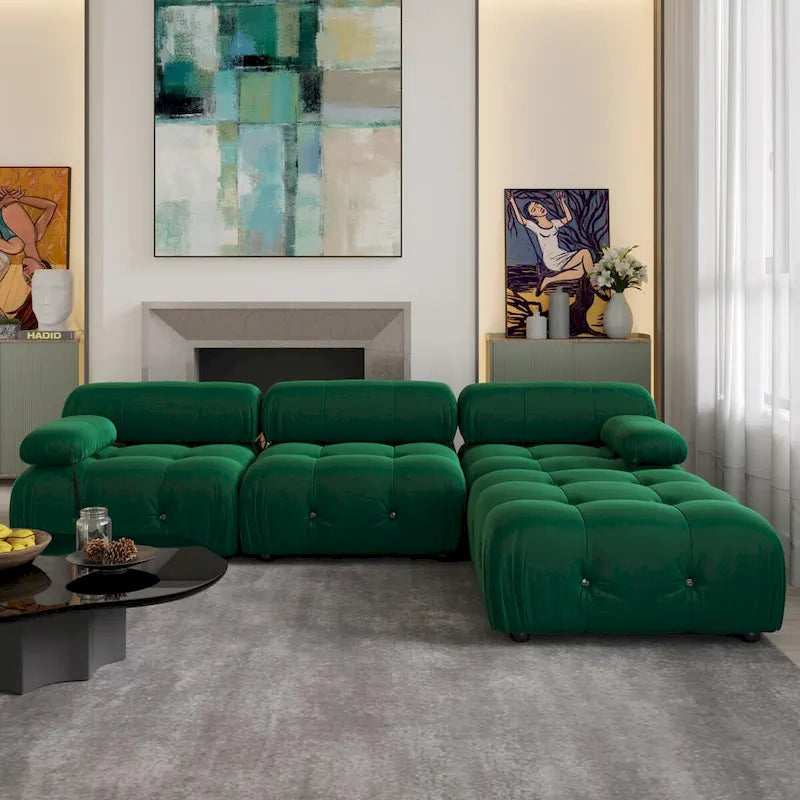 104 L-förmiges Ecksofa, minimalistisches Samtsofa mit umkehrbarer Recamiere und Ottomane
