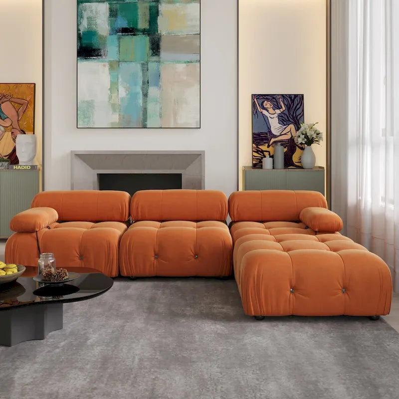 104 L-förmiges Ecksofa, minimalistisches Samtsofa mit umkehrbarer Recamiere und Ottomane
