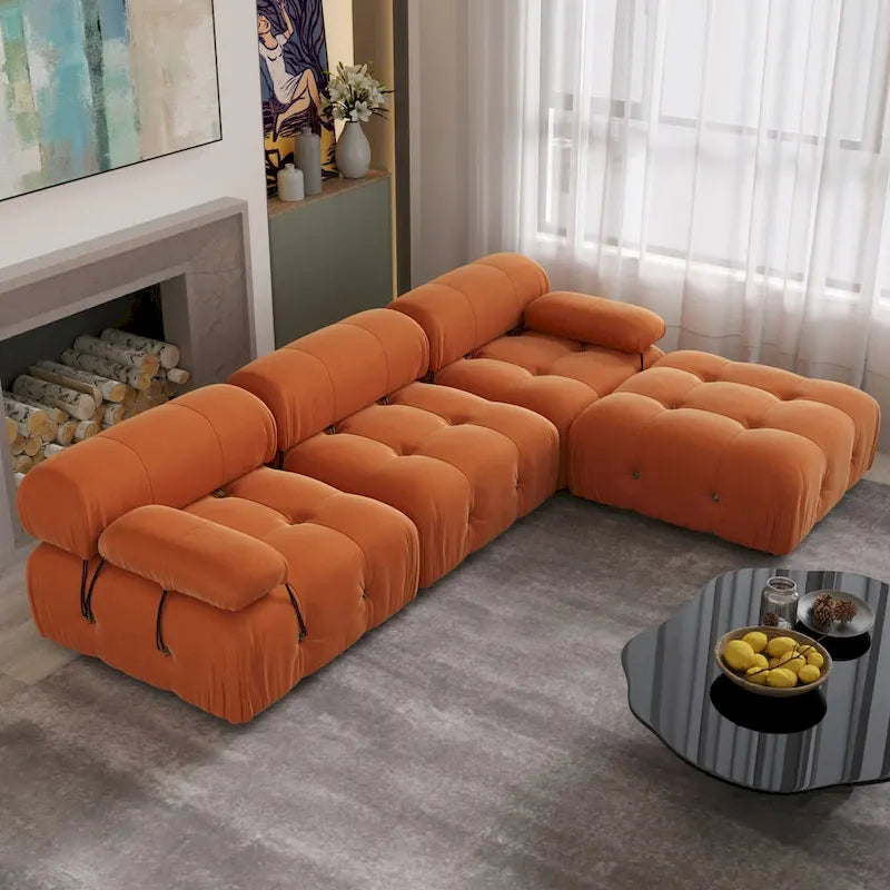 104 L-förmiges Ecksofa, minimalistisches Samtsofa mit umkehrbarer Recamiere und Ottomane