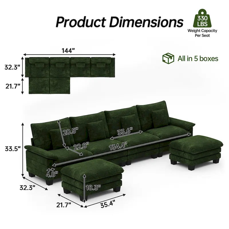 144 Modulares Kompressions-Sofa-Set, verwandelbares Sektionsschlafsofa mit 2 Ottomanen