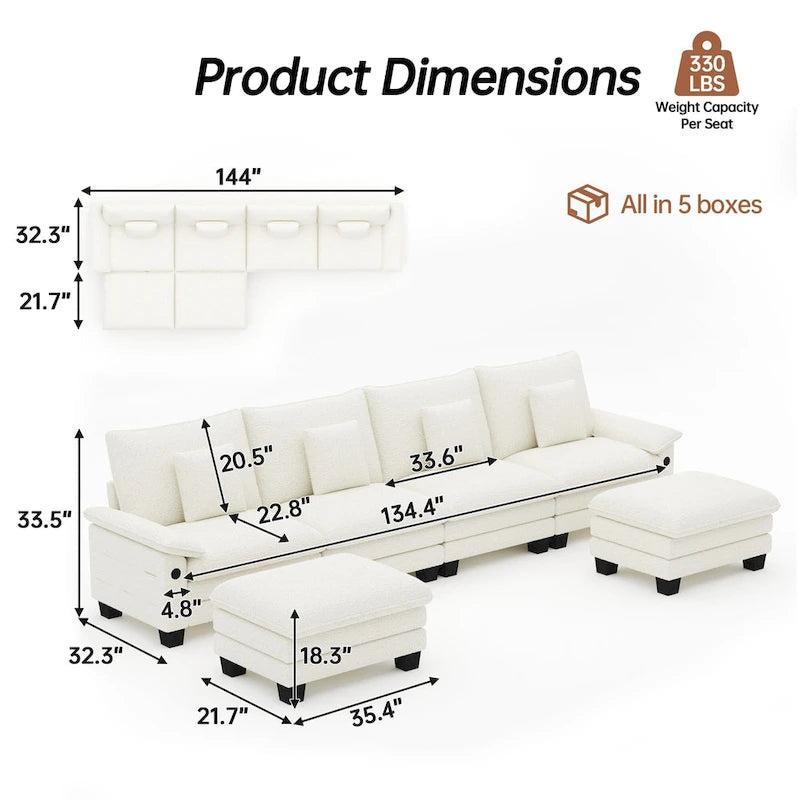 144 Modulares Kompressions-Sofa-Set, verwandelbares Sektionsschlafsofa mit 2 Ottomanen