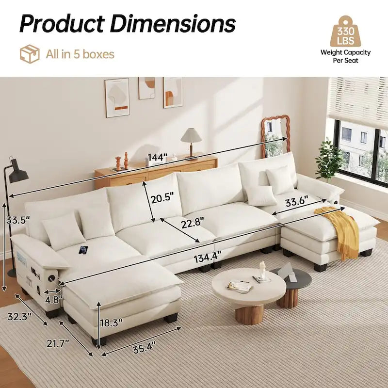 144 Modulares Kompressions-Sofa-Set, verwandelbares Sektionsschlafsofa mit 2 Ottomanen