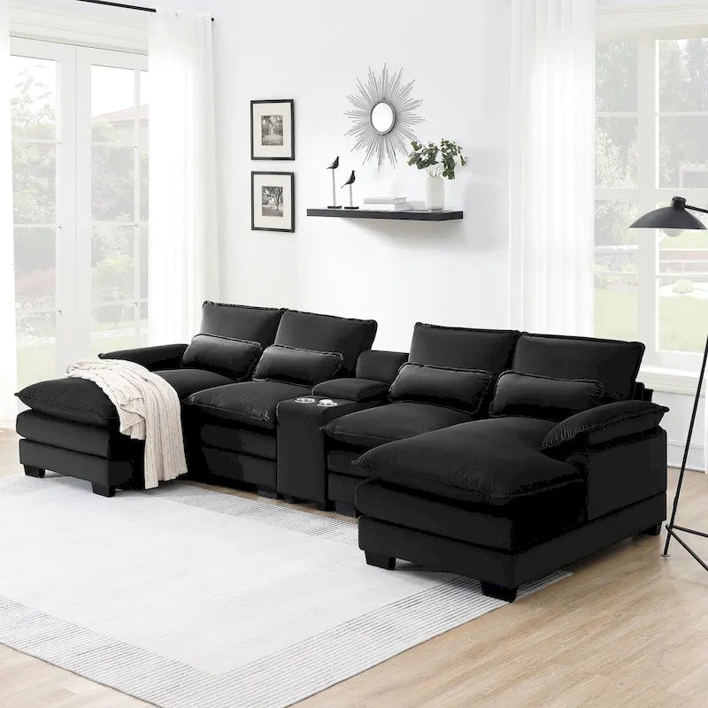 Modernes U-förmiges Sofa mit Konsole, Getränkehaltern und USB-Anschlüssen, 6-Sitzer, gepolstert, symmetrisches Innenmöbel, Schwarz