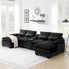 Modernes U-förmiges Sofa mit Konsole, Getränkehaltern und USB-Anschlüssen, 6-Sitzer, gepolstert, symmetrisches Innenmöbel, Schwarz
