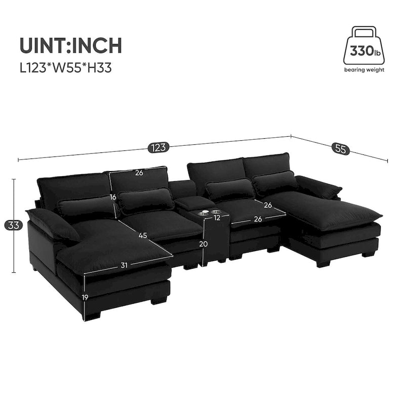 Modernes U-förmiges Sofa mit Konsole, Getränkehaltern und USB-Anschlüssen, 6-Sitzer, gepolstert, symmetrisches Innenmöbel, Schwarz
