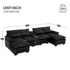 Modernes U-förmiges Sofa mit Konsole, Getränkehaltern und USB-Anschlüssen, 6-Sitzer, gepolstert, symmetrisches Innenmöbel, Schwarz