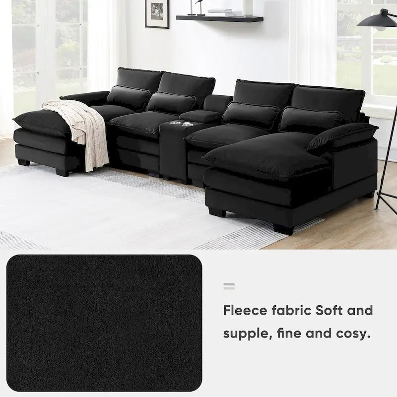 Modernes U-förmiges Sofa mit Konsole, Getränkehaltern und USB-Anschlüssen, 6-Sitzer, gepolstert, symmetrisches Innenmöbel, Schwarz