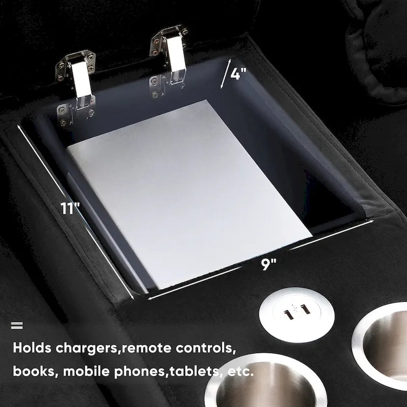 Modernes U-förmiges Sofa mit Konsole, Getränkehaltern und USB-Anschlüssen, 6-Sitzer, gepolstert, symmetrisches Innenmöbel, Schwarz