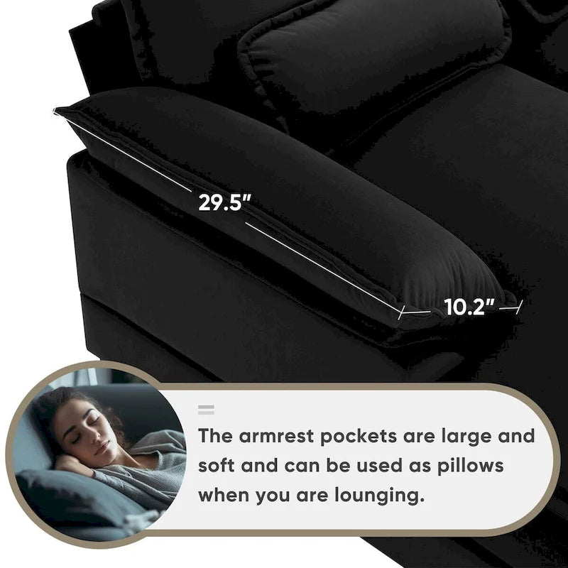 Modernes U-förmiges Sofa mit Konsole, Getränkehaltern und USB-Anschlüssen, 6-Sitzer, gepolstert, symmetrisches Innenmöbel, Schwarz