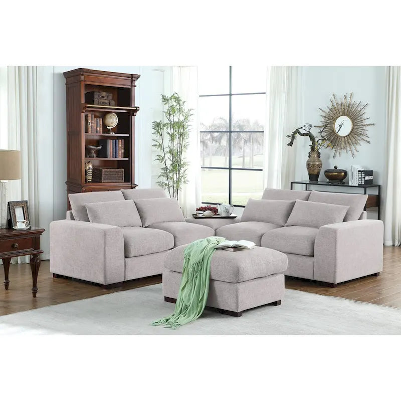 Tatman Sektionssofa aus Leinenmischgewebe mit zwei Ottomanen – 123,24 B x 37,8 T x 34,25 H