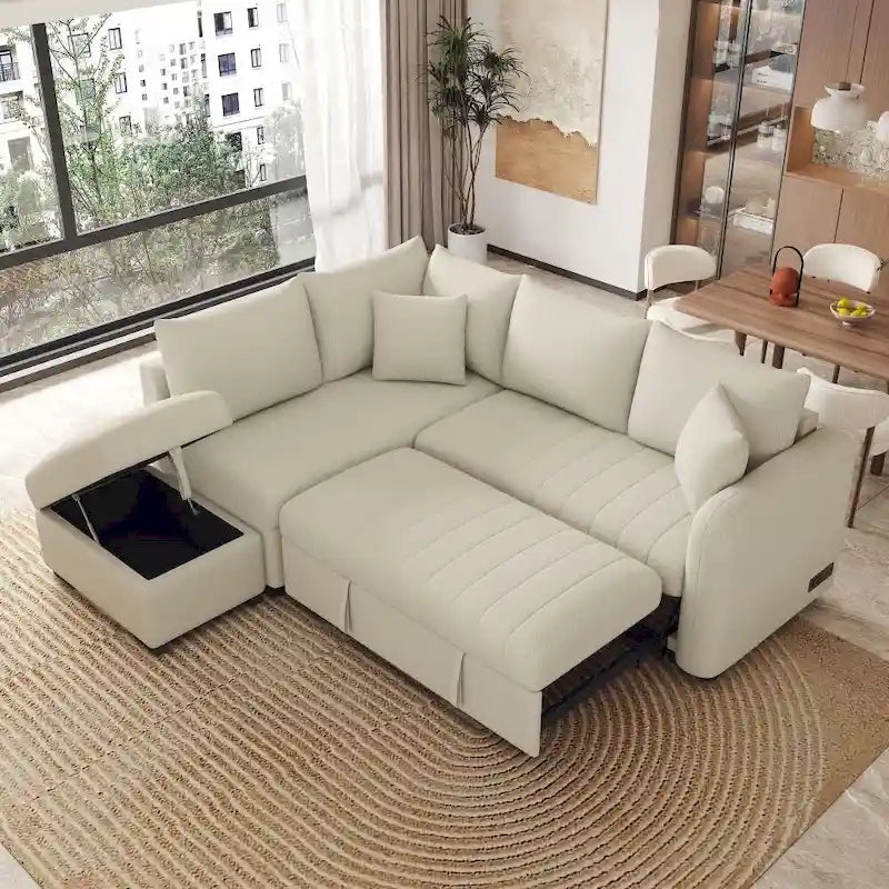 82.6 L-Shaped Sectional Pull Out Sofa Bed Sleeper Sofa with Two USB Ports, Two Power Sockets and A Movable Storage Ottoman