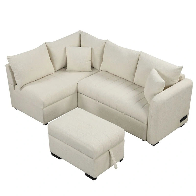 82.6 L-förmiges Schlafsofa mit zwei USB-Anschlüssen, zwei Steckdosen und einem beweglichen Stauraum-Ottoman
