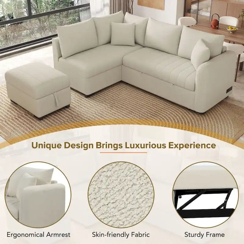 82.6 L-förmiges Schlafsofa mit zwei USB-Anschlüssen, zwei Steckdosen und einem beweglichen Stauraum-Ottoman