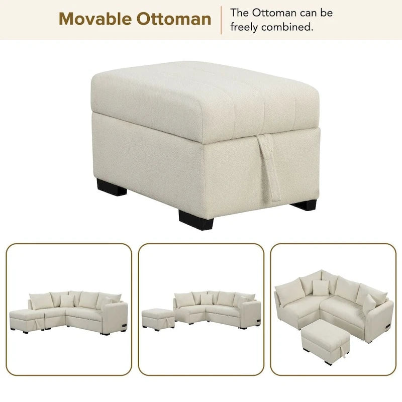 82.6 L-förmiges Schlafsofa mit zwei USB-Anschlüssen, zwei Steckdosen und einem beweglichen Stauraum-Ottoman