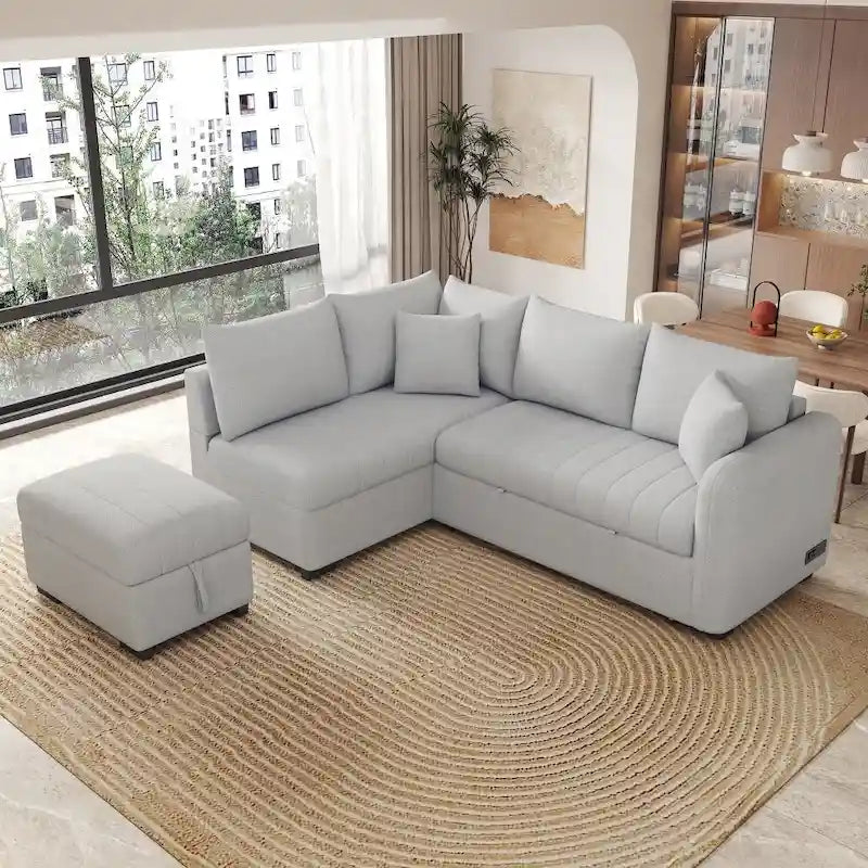 82.6 L-förmiges Schlafsofa mit zwei USB-Anschlüssen, zwei Steckdosen und einem beweglichen Stauraum-Ottoman