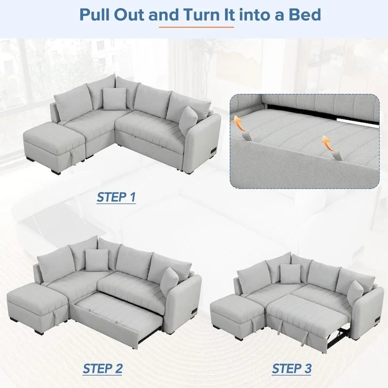 82.6 L-förmiges Schlafsofa mit zwei USB-Anschlüssen, zwei Steckdosen und einem beweglichen Stauraum-Ottoman