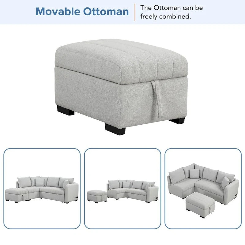 82.6 L-förmiges Schlafsofa mit zwei USB-Anschlüssen, zwei Steckdosen und einem beweglichen Stauraum-Ottoman