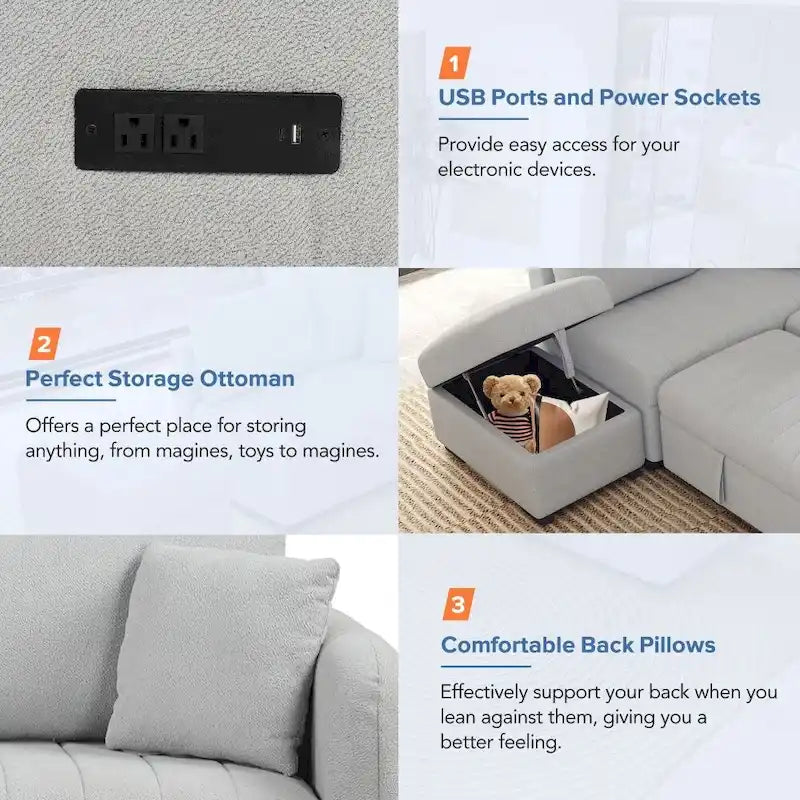 82.6 L-förmiges Schlafsofa mit zwei USB-Anschlüssen, zwei Steckdosen und einem beweglichen Stauraum-Ottoman