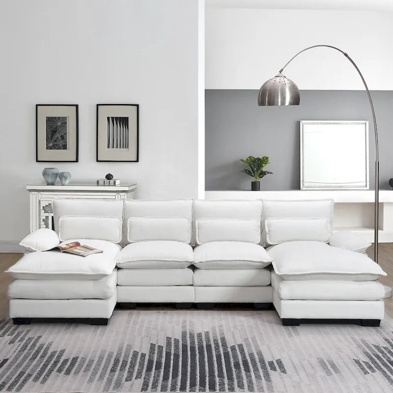 6-Sitzer gepolstertes, modernes U-förmiges Sektionalsofa mit Lendenkissen, Schlafsofa mit Recamiere, Weiß