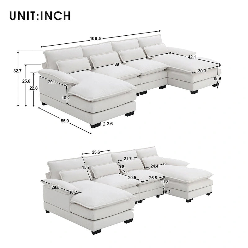 6-Sitzer gepolstertes, modernes U-förmiges Sektionalsofa mit Lendenkissen, Schlafsofa mit Recamiere, Weiß