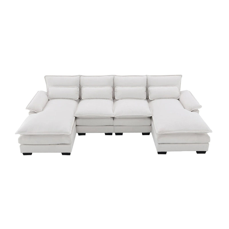 6-Sitzer gepolstertes, modernes U-förmiges Sektionalsofa mit Lendenkissen, Schlafsofa mit Recamiere, Weiß