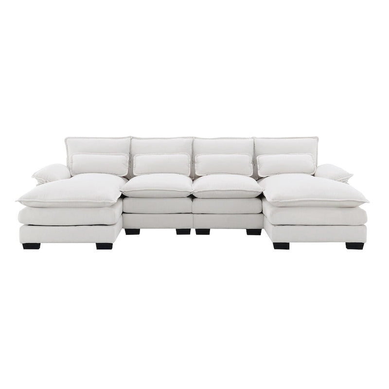 6-Sitzer gepolstertes, modernes U-förmiges Sektionalsofa mit Lendenkissen, Schlafsofa mit Recamiere, Weiß