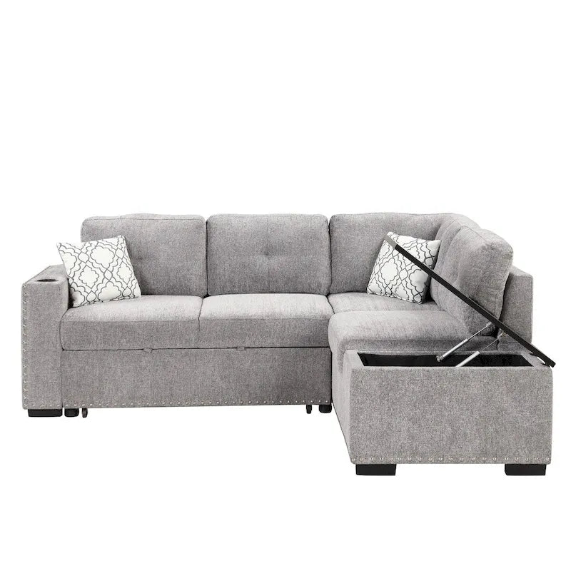 83,8 Zoll ausziehbares L-förmiges Schlafsofa mit Stauraum-Recamiere, USB-Anschlüssen, Steckdosen und Getränkehalter