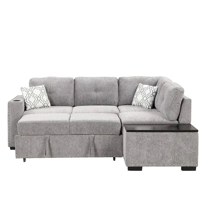 83,8 Zoll ausziehbares L-förmiges Schlafsofa mit Stauraum-Recamiere, USB-Anschlüssen, Steckdosen und Getränkehalter