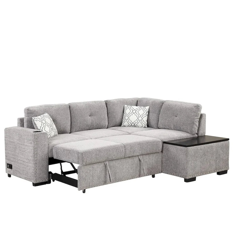 83,8 Zoll ausziehbares L-förmiges Schlafsofa mit Stauraum-Recamiere, USB-Anschlüssen, Steckdosen und Getränkehalter